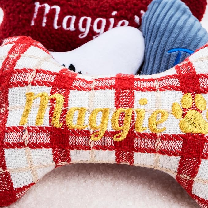 2025 Personalized Squeaky Dog Toys, Embroidered Bone Shape Corduroy Pet Pillow 8"x5"with Name, Dog Chew Puzzle Toy Custom Color Birthday Gifts for Small Medium Dogs