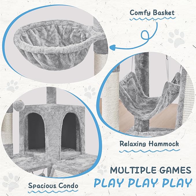 Yaheetech Cat Tree Tower, 40-Inch Condo with Hammock, Oversized Soft Platform, Scratching Board, Basket, Pet Beds & Furniture for Large Kittens, Light Gray