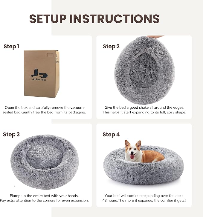 Donut Dog Bed Medium Size Dog, Round Cat Beds for Small Medium Dogs and Cats with Washable Fluffy Faux Fur, Cute Comfort Pet Bed with Anti-Slip Bottom, Grey, 36"