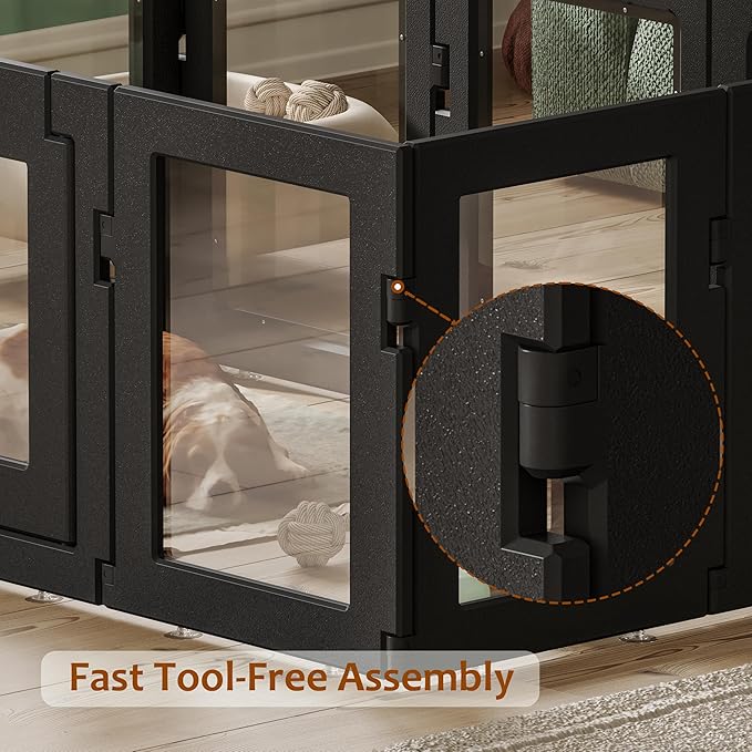 Clear Acrylic Dog Playpen with Door, Puppy Playpen for Indoor Use with Heavy Duty Door Lock, Easy Assemble Pet Pen Fence for Small Dogs and Puppies (Black, 24 in-H, 10 Panel)