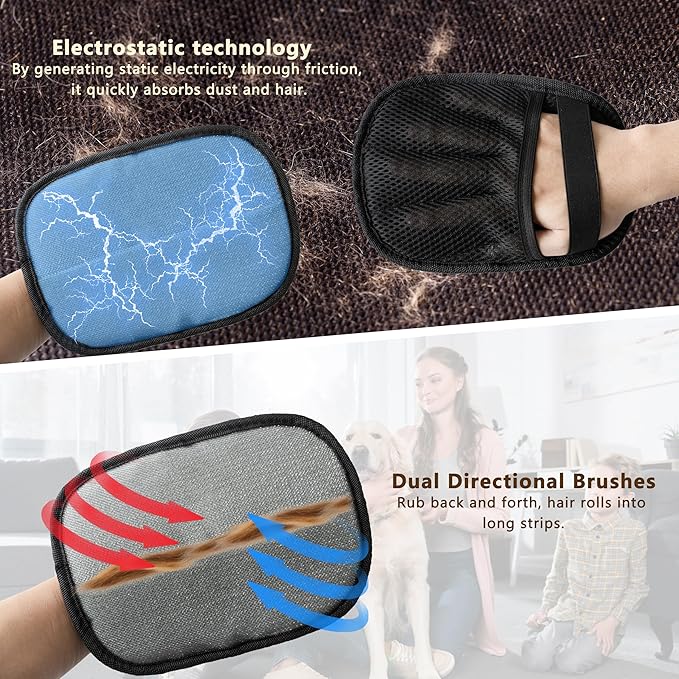 Pet Hair Removal Glove, Reusable Washable Pet Hair Remover for Cats Dogs, Electrostatic Cat Grooming Gloves for Pet Hair, Efficient Dog Hair Remover for Couch,Furniture,Clothes (Black)