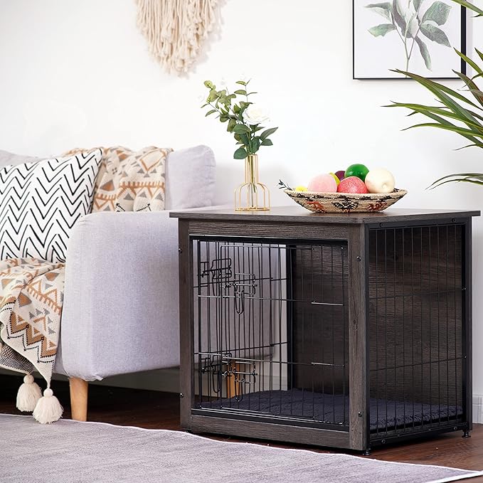 DWANTON Dog Crate Furniture with Cushion, Wooden Kennel Table with Double Doors, Indoor Dog House, Small/Medium/Large/Extra Large Size, 27.2" L, Dark Gray