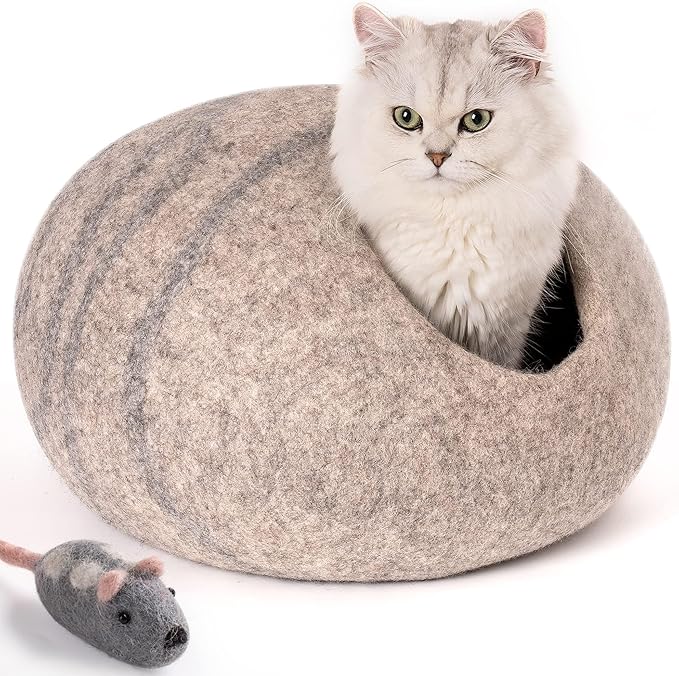 Cat Cave Bed -Handmade Wool Cat Bed Cave,Cat Bed Cat House, Felt Cat Caves for Indoor Cats and Kittens (Grey/White)