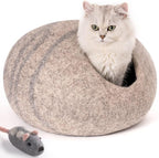 Cat Cave Bed -Handmade Wool Cat Bed Cave,Cat Bed Cat House, Felt Cat Caves for Indoor Cats and Kittens (Grey/White)