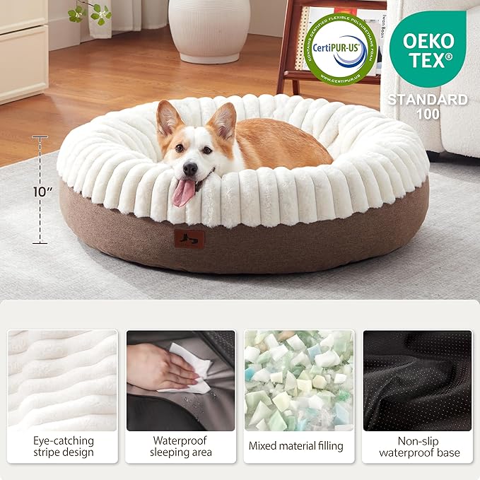Donut Dog Bed Medium Size Dog, Round Cat Beds for Small Medium Dogs and Cats with Washable Fluffy Faux Fur, Cute Comfort Pet Bed with Anti-Slip Bottom, Cream, 36"