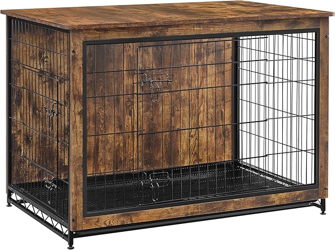 Feandrea Dog Crate Furniture, 44.1" Side End Table, Modern Kennel for Dogs Indoor up to 80 lb, Heavy-Duty Dog Cage with Multi-Purpose Removable Tray, Double-Door Dog House, Rustic Brown UPFC004X01