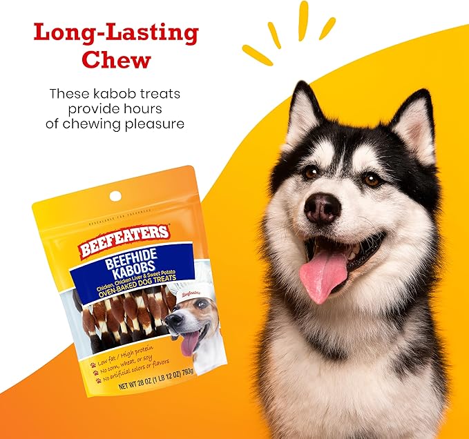 Beefeaters Beefhide Kabobs – Dog Treat. Triple Flavor with Real Chicken, Liver & Sweet Potato, Long-Lasting Chew, Supports Dental Health, Ideal for Training