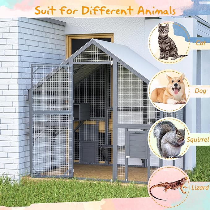 28ft² Large Outdoor Cat House, Luxury Wooden Walk-in Catio Enclosure with 2 Doors & 2 Hiding Houses, Escape-Proof Locks + Waterproof Roof - Customizable Multi-Cat Playpen (Gray)