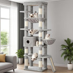 Hey-brother Cat Tree, 69.3-Inches Multi-Level Plush Cat Tower for Indoor Cats with Large Top Perch, Extra Spacious Hammock, 2 Hammocks Ramp, Hanging Ball, Light Gray MPJ037W