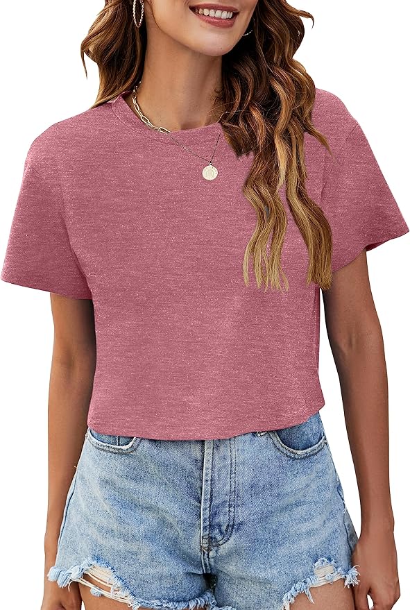 Womens Summer Crop Tops Short Sleeve Round Neck T-Shirts Loose Fit Casual Blouse