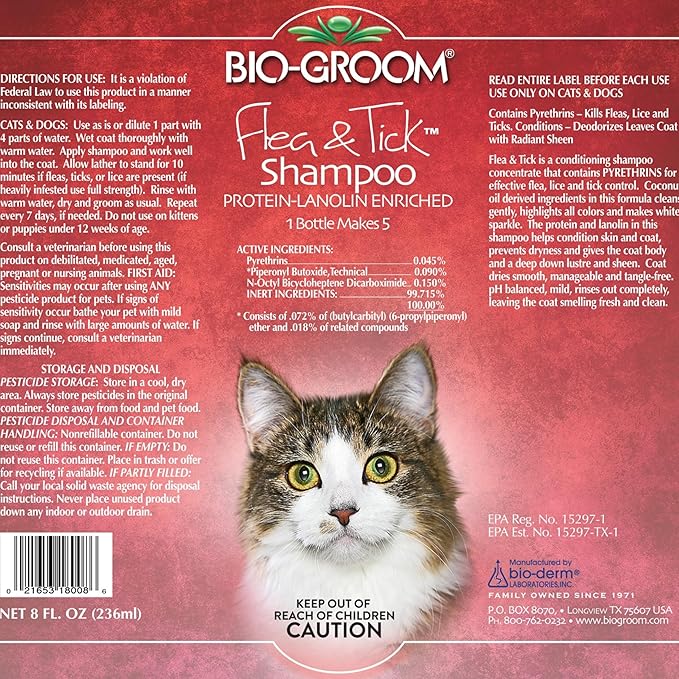 Bio-Groom Flea & Tick Dog Shampoo - Flea and Tick Prevention for Dogs, Cat Flea Treatment, Cruelty-Free, Made in USA, Natural Tick Repellent, Protein-Lanolin Shampoo - 8 fl oz 1-Pack
