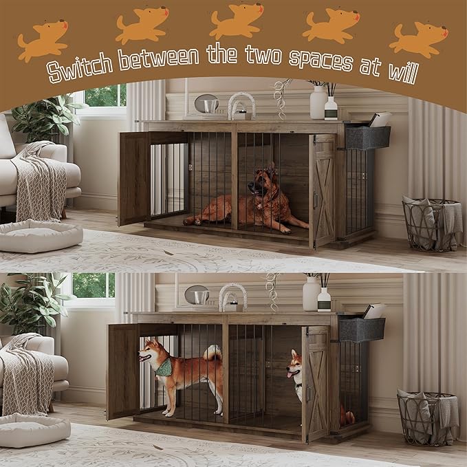 Large Dog Crate Furniture for 2 Dogs, Extra-Large Indoor Dog House with Partition, Heavy-Duty Sturdy Dog Kennel for Large Dogs, 1 Storage Bag, Farmhouse Style Cage
