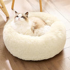 Bedsure Calming Cat Beds for Indoor Cats - Small Cat Bed Washable 20 inches, Anti-Slip Round Fluffy Plush Faux Fur Pet Bed, Fits up to 15 lbs Pets, Cream