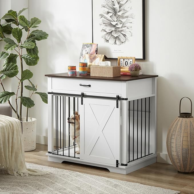 37.8'' Dog Crate Furniture with Storage Drawer, Decorative Wooden Dog Kennel with Sliding Barn Door, Indoor Water Resistant Cage for Pet, Small, Medium, Large Dog (White)