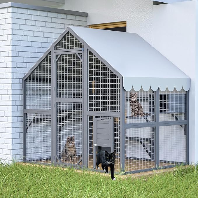 28ft² Large Outdoor Cat House, Luxury Wooden Walk-in Catio Enclosure with 2 Doors & 2 Hiding Houses, Escape-Proof Locks + Waterproof Roof - Customizable Multi-Cat Playpen (Gray)