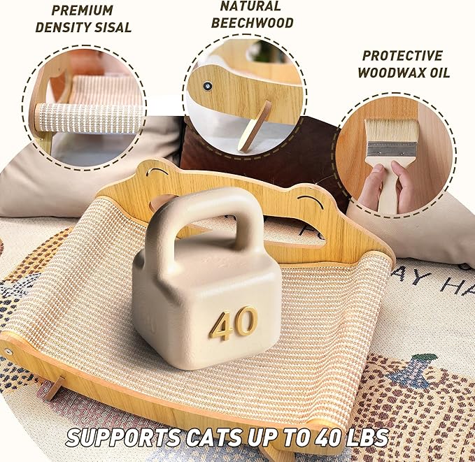 Sisal Cat Scratcher Lounger Bed for Large Indoor Cats – Wooden Cat Scratch Pad, Durable Recliner Chair, Stylish Scratching Couch, 2-in-1 Scratcher & Lounger with Hammock (Large)