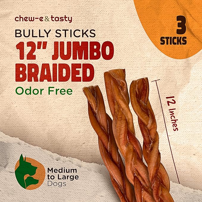 chew-e&tasty 12" Jumbo Braided Bully Sticks Odor Free Long Lasting Beef Chews- Made & Packaged at Food-Grade Facility High Protein Dental Treats