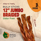 chew-e&tasty 12" Jumbo Braided Bully Sticks Odor Free Long Lasting Beef Chews- Made & Packaged at Food-Grade Facility High Protein Dental Treats