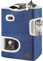 YITAHOME 2-Tier Cat House, Indoor Cat Cave Bed Playhouse, Flannel & Cool Mat, Covered Cat Beds with Scratch Pad and Hideaway Cave, Cute Modern Cat Condo Furniture for Multi Small Cats, Blue