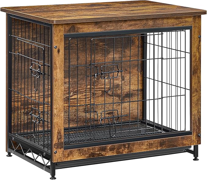 Feandrea Dog Crate Furniture, 27.2" Side End Table, Modern Kennel for Dogs Indoor up to 30 lb, Heavy-Duty Dog Cage with Multi-Purpose Removable Tray, Double-Door Dog House, Rustic Brown UPFC001X01