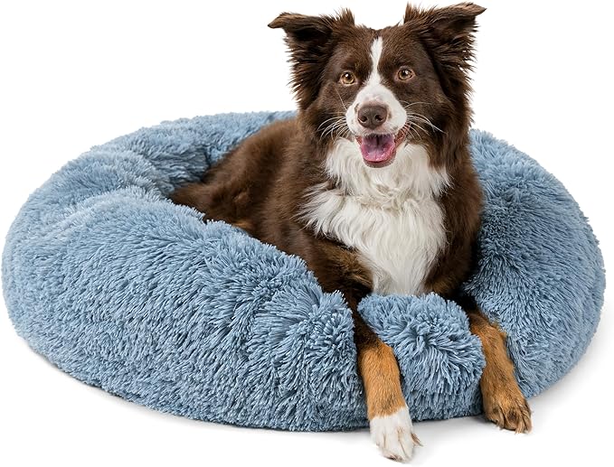 PetAmi Calming Dog Bed for Small Medium Dog Cat, Round Donut Washable, Fluffy Faux Fur Plush Cuddler Pet Kitten Cushion, Anti-Slip, Fits up to 45 lbs, 30 inch, Dusty Blue