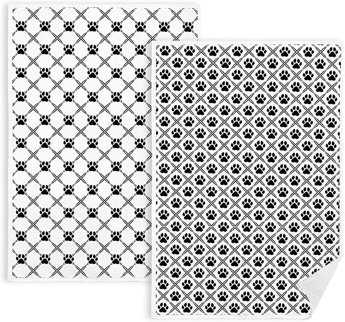 Black and White Diamond Dog Paw Kitchen Towels, Dog Lover Mom Gifts Dish Tea Towels for Kitchen Decor, Puppy Pet Lover Gifts Hand Towels for Bathroom Decor, 16x24 Inch Set of 2
