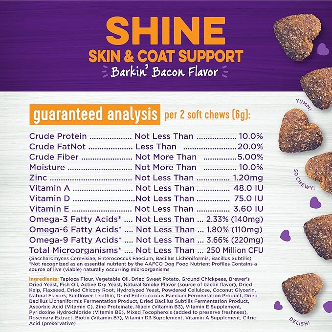 Wellness Barkin' Bacon Flavored Soft Chew Skin & Coat Supplements for Dogs, 90 Count (Pack of 2)