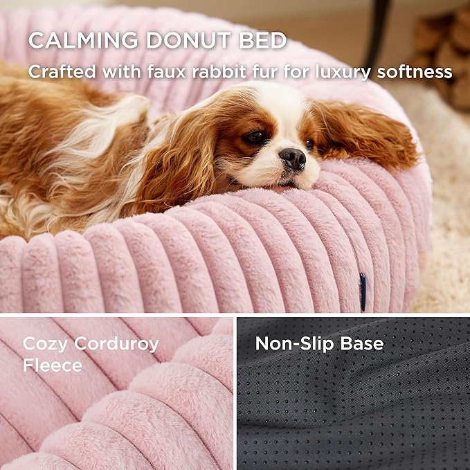 Bedsure Donut Small Dog Bed - Dog Beds for Small Dogs with Corduroy Fleece & Anti Slip Bottom, Round Faux Fur Pet Beds with Washable Removable Cover, Blush Pink, 23x23x8 inches