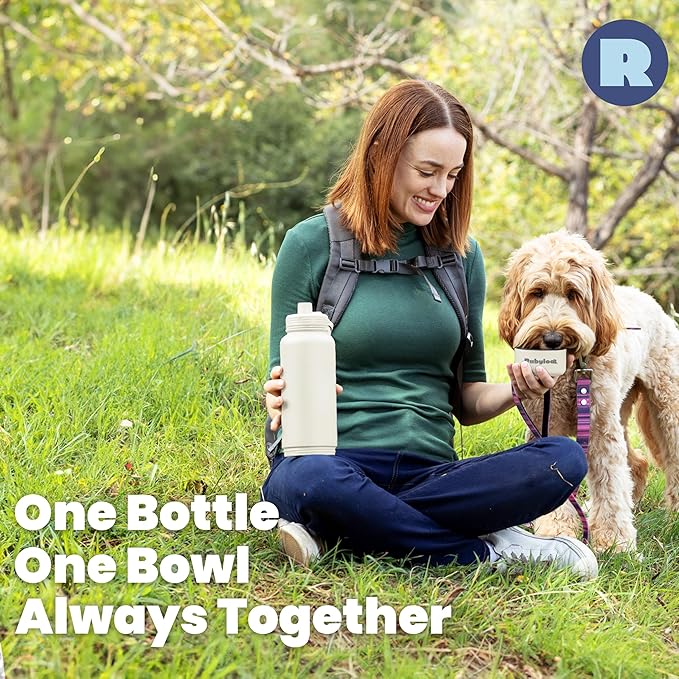 Dog Water Bottle for Dog Lovers - 32 oz Stainless Steel Double Wall Insulated Water Bottle with 8 oz Detachable Bowl on Bottom - Gift for Doggy Lovers for Hiking, Walks, Travel - Cream