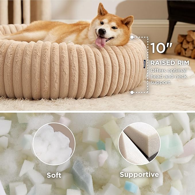 Bedsure Donut Large Dog Bed - Washable Faux Fur Dog Beds Large Sized Dog with Corduroy Fleece & Anti Slip Bottom, Round Pet Beds with Removable Cover, Sandy Tan, 36x36x10 inches