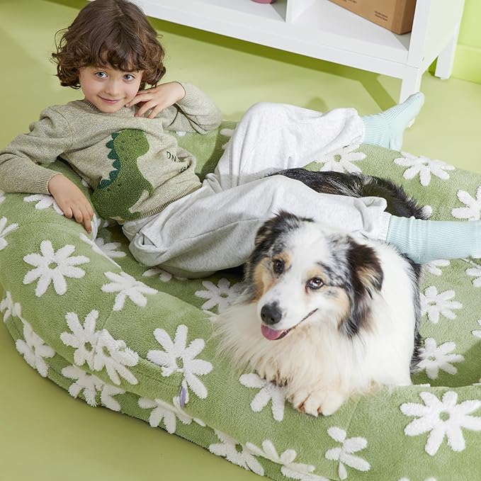 Lesure Human Dog Bed for Adult - Calming Human Size Dog Bed with Egg Foam Supportive Mat and Storage Pocket, Cute Modern Pet Beds with Jacquard Shaggy Plush & Anti Slip Bottom 55x37x10, Green