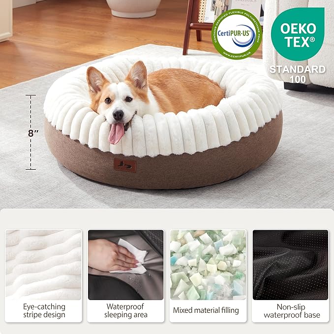 Donut Dog Bed Medium Size Dog, Round Cat Beds for Small Medium Dogs and Cats with Washable Fluffy Faux Fur, Cute Comfort Pet Bed with Anti-Slip Bottom, Cream, 30"