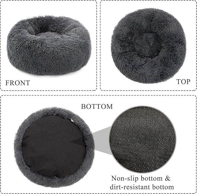 Calming Donut Dog Bed Large, Plush Round Cuddler Dog & Cat Bed, Anit-Anxiety Marshmellow Fluffy Faux Fur Cushion(28", Deep Grey)
