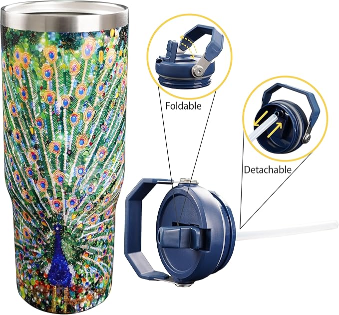 30oz Peacock Tumbler with Handle and Straw, Stainless Steel Vacuum Insulated Coffee Tumbler, Travel Mug Water Bottle, Peacock Stuff Accessories Decor, Peacock Gifts for Women
