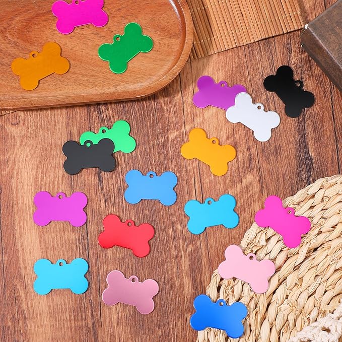 100 Pcs Blank Dog Pet ID Tags Number for Engraving 38MM Aluminum Bone Shape Name Tag Colorful Double Sided Dog Cat Phone Number Tag Pendants