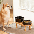 Ceramic Slow Feeder and Water Bowl Set for Small Dogs, Ceramic Dog Bowls Elevated with Wooden Stand, 0.6 Cups Dog Slow Feeder(14oz) and 30oz Water Bowl Set, Black
