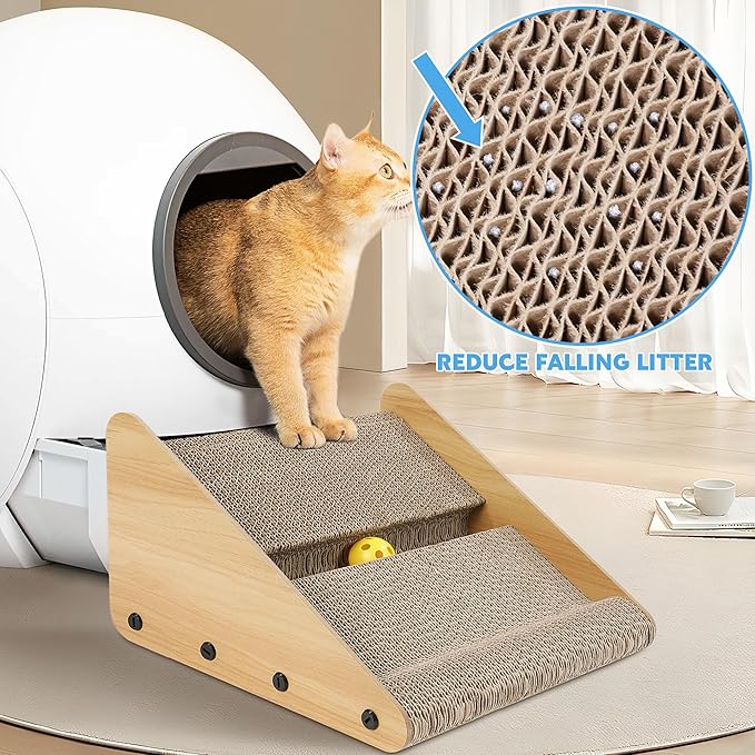 ROYALAY Litter Box Ramp for Elder Cats & Kitten,Corrugated Paper Cat Scratcher Post, Cat Scratching Board with a Ball for Control Cat Litter Suitable for the Second Generation Automatic Cat Litter Box