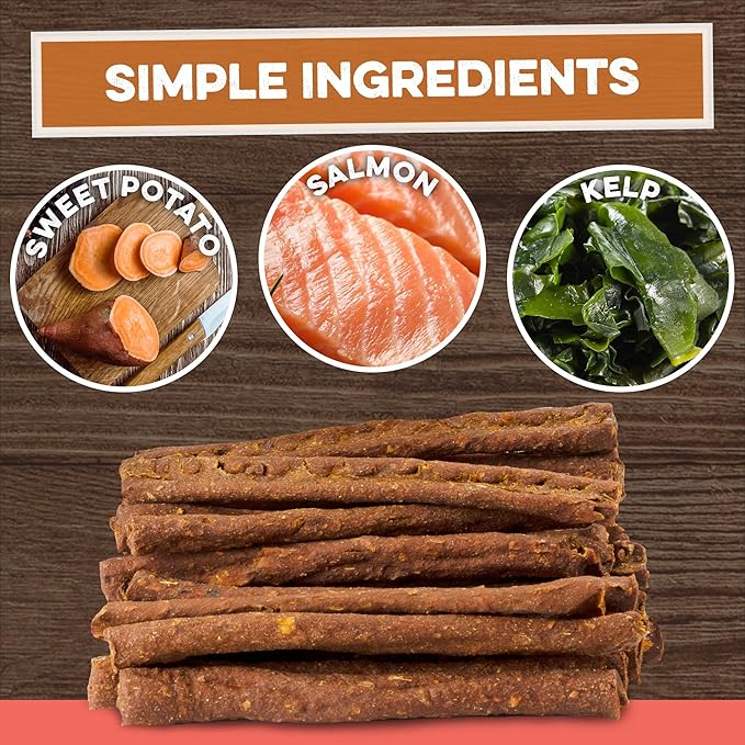 Sweet Potato Dog Treats - Grain Free, Salmon & Kelp Crunchy Sticks - Great Tasting, Promotes Positive Dog Gut Health with Natural Anti-Diarrhea Properties, No Preservatives Added (14oz)