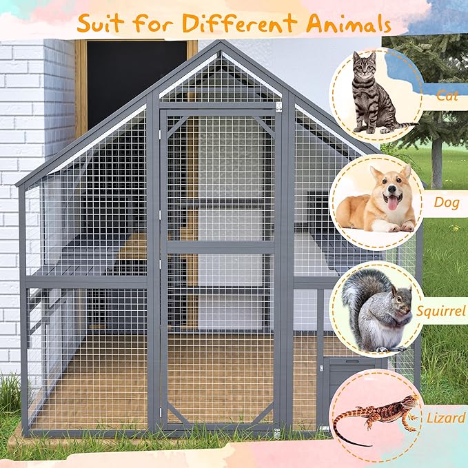 110" Wide Catio Enclosure,Wooden Outdoor Cat Catio - XL Walk-in w/60 Human Door, 2 Suspension Bridges & 5 Platforms | Weatherproof Oxford Roof & Safety Latches,(Gray)