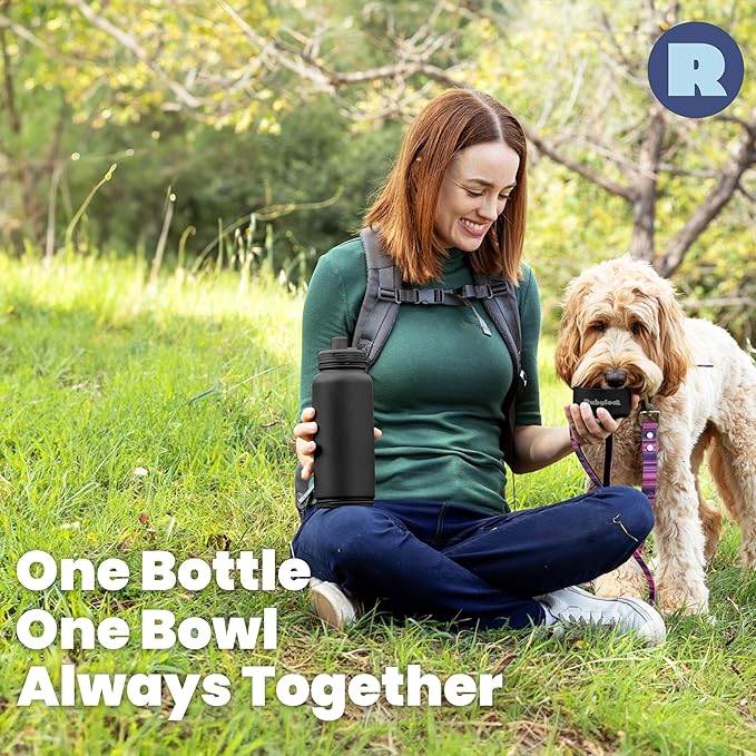 Dog Water Bottle for Dog Lovers - 32 oz Stainless Steel Double Wall Insulated Water Bottle with 8 oz Detachable Bowl on Bottom - Gift for Doggy Mom & Dad for Hiking, Walks, Travel - Black
