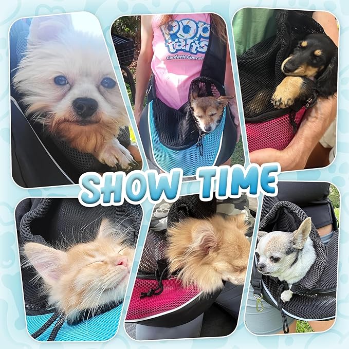 Upgraded Breathable Mesh Dog Sling Carrier for Small Dogs & Cats Up to 10 lbs- Detachable Hard Bottom, Adjustable Strap & Large Pocket - Hands-Free Pet Carrier for Travel Walking Hiking (Cyan Size S)