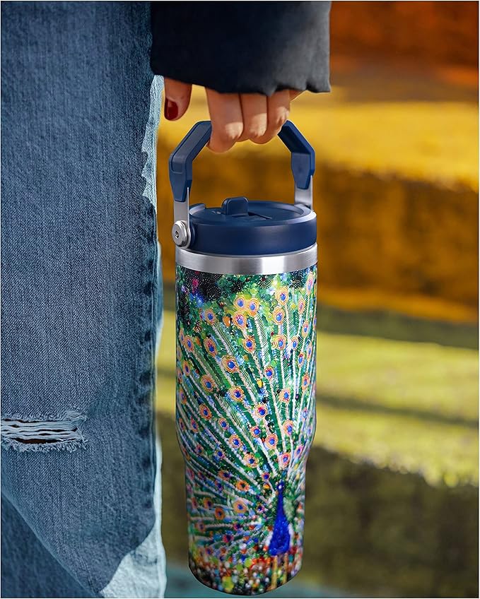 30oz Peacock Tumbler with Handle and Straw, Stainless Steel Vacuum Insulated Coffee Tumbler, Travel Mug Water Bottle, Peacock Stuff Accessories Decor, Peacock Gifts for Women