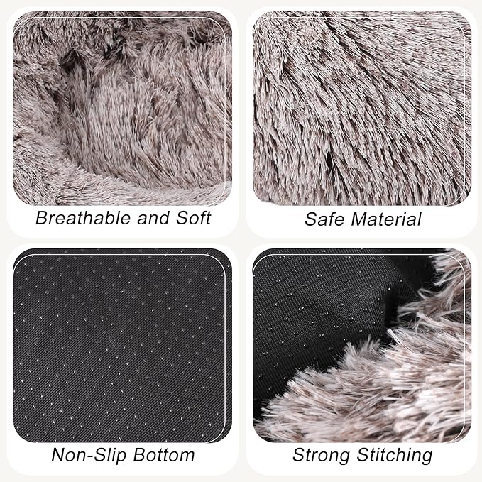 Calming Dog Bed, Dog Beds Fits up to 25 lbs Pets, Fluffy Donut Dog & Cat Bed Washable, Round Anti Anxiety Dog Bed, Small Dog Bed with Non-Slip Bottom (Coffee, 24" x 24")