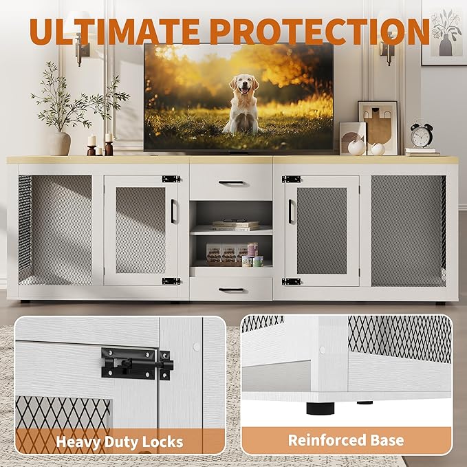 90 Inch Large Dog Crate Furniture, Double Dog Crate with Feeding Station & Storage, Heavy Duty Dog Kennel Furniture for 2 Dogs