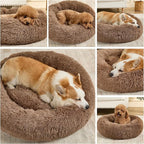 Dog Calming Beds for Small Medium Large Dogs - Round Donut Washable Dog Bed, Anti-Slip Faux Fur Fluffy Donut Cuddler Anxiety Cat Bed(36" Khaki)