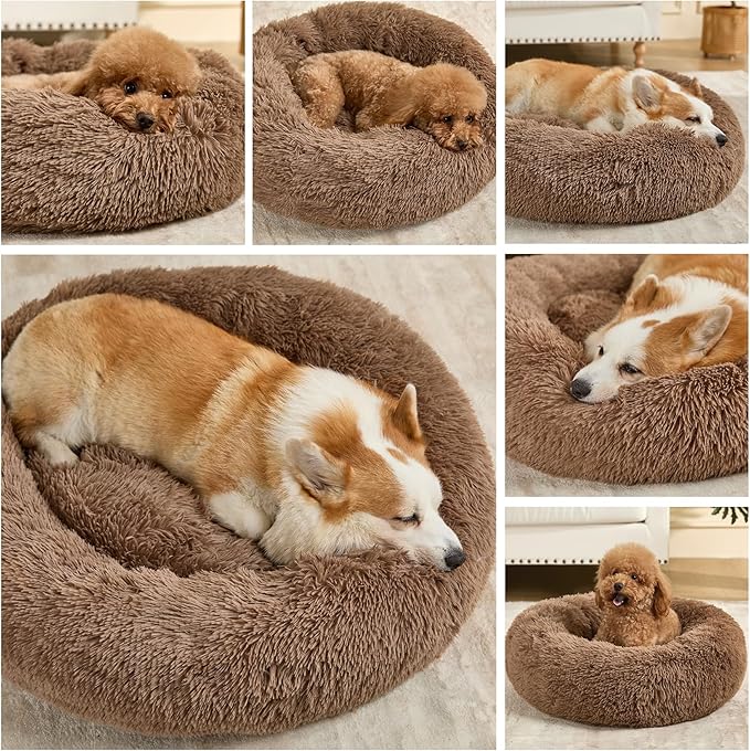 Dog Calming Beds for Small Medium Large Dogs - Round Donut Washable Dog Bed, Anti-Slip Faux Fur Fluffy Donut Cuddler Anxiety Cat Bed(36" Khaki)