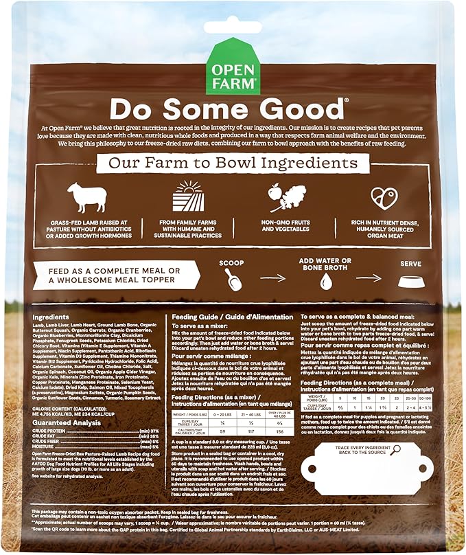 Open Farm, Freeze Dried Raw Dog Food, Morsels with 95% Meat, Organs & Bone, Organic Produce & Superfoods, Complete Meal or Freeze Dried Dog Food Topper, Lamb Recipe, 13.5oz Bag