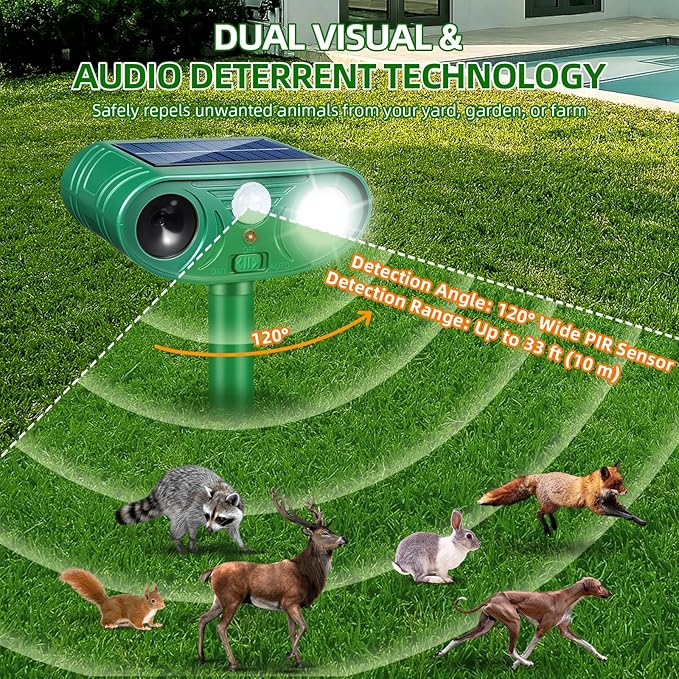 Solar Ultrasonic Animal Repeller Outdoor with Motion Sensor Deer Repellent Devices for Squirrel Repellent Cat Repellent Outdoor Fox Deterrent for Yard