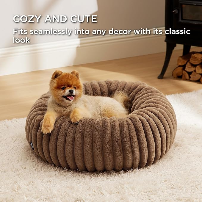 Bedsure Donut Small Dog Bed - Dog Beds for Small Dogs with Corduroy Fleece & Anti Slip Bottom, Round Faux Fur Pet Beds with Washable Removable Cover, Copper Brown, 23x23x8 inches