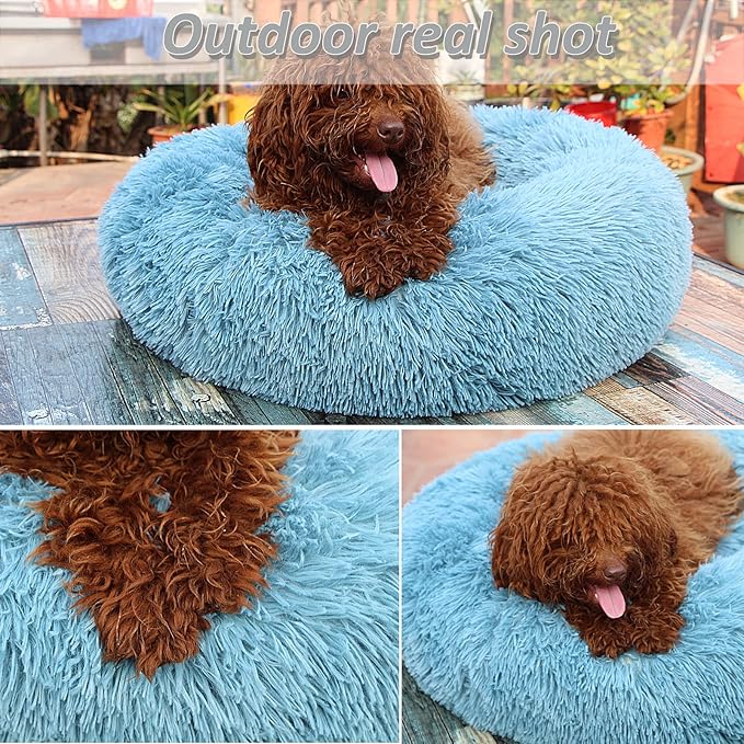 Small Dog Donut Bed for Small Dogs Machine Washable,Calming Donut Blue Dog Bed for Small Puppy with Anxiety，with Fluffy Soft and Comfy Faux Fur Cuddler Pet Bed for Small Pets